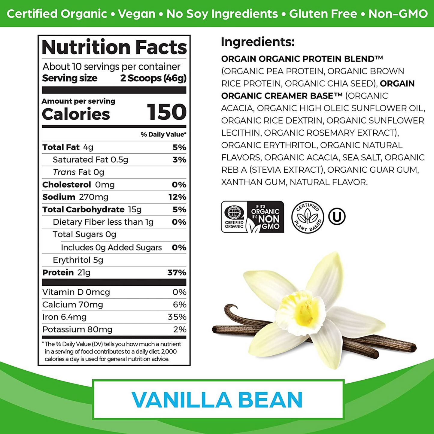 Orgain Organic Vegan Protein Powder | Vanilla Bean 2.03LB