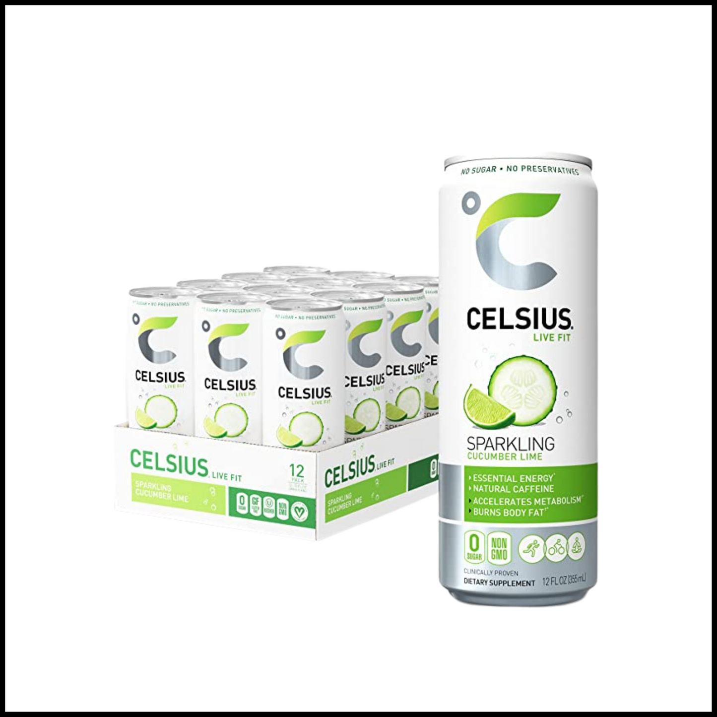 Cucumber Lime CELSIUS Sweetened with Stevia Sparkling Zero Sugar - 12oz. Slim Can | Pack of 12