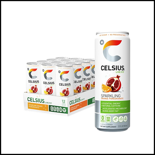 Orange Pomegranate CELSIUS Sweetened with Stevia Sparkling Fitness Drink Zero Sugar, 12oz. Slim Can | Pack of 12
