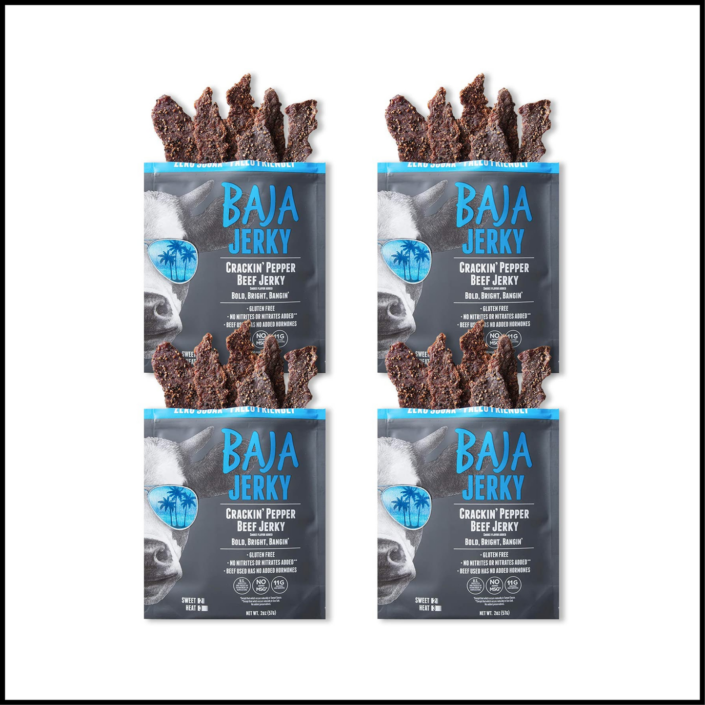 100% All Natural Beef Jerky Keto Jerky Gluten Free Low Calorie Craft Jerky Crackin' Pepper | 2 oz Bag Pack of 4
