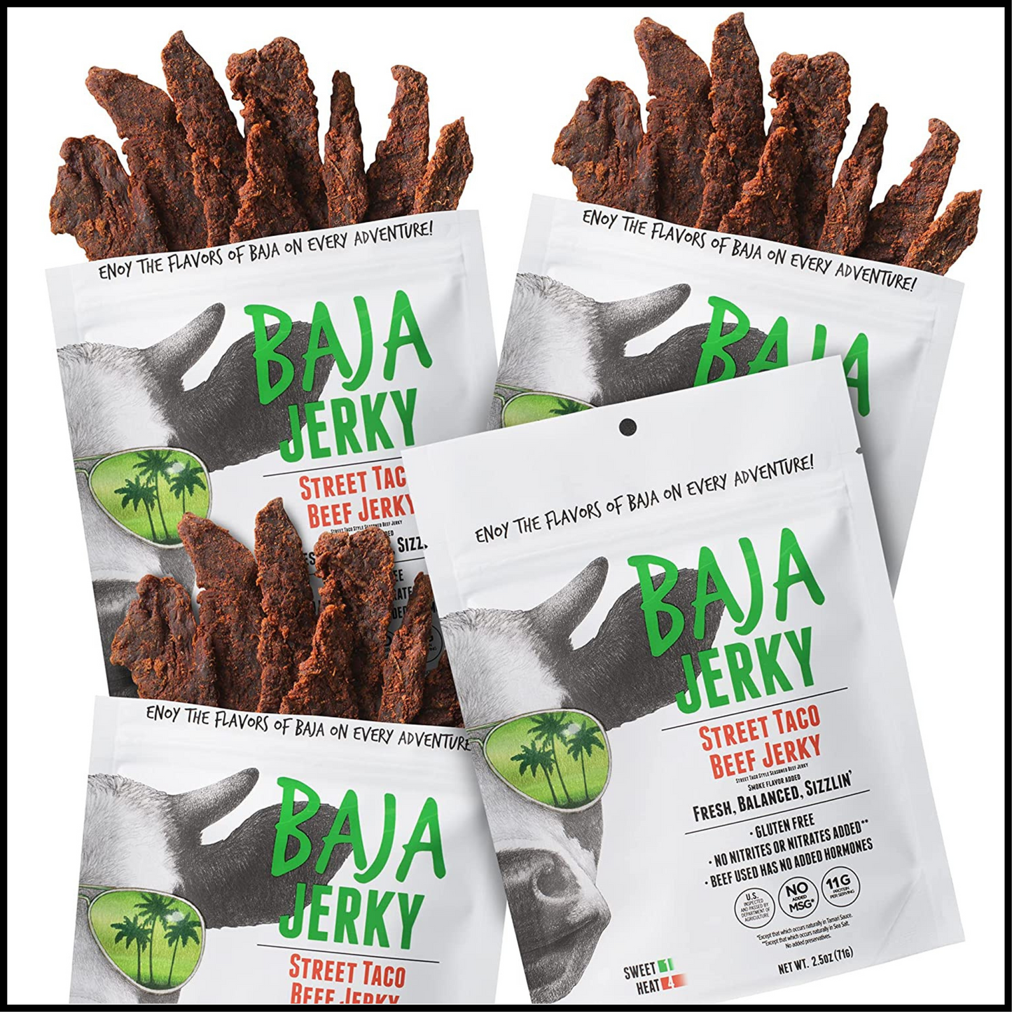100% All Natural Beef Jerky No Nitrates or Added Hormones Street Taco | 2.5 Oz Bags Pack of 4