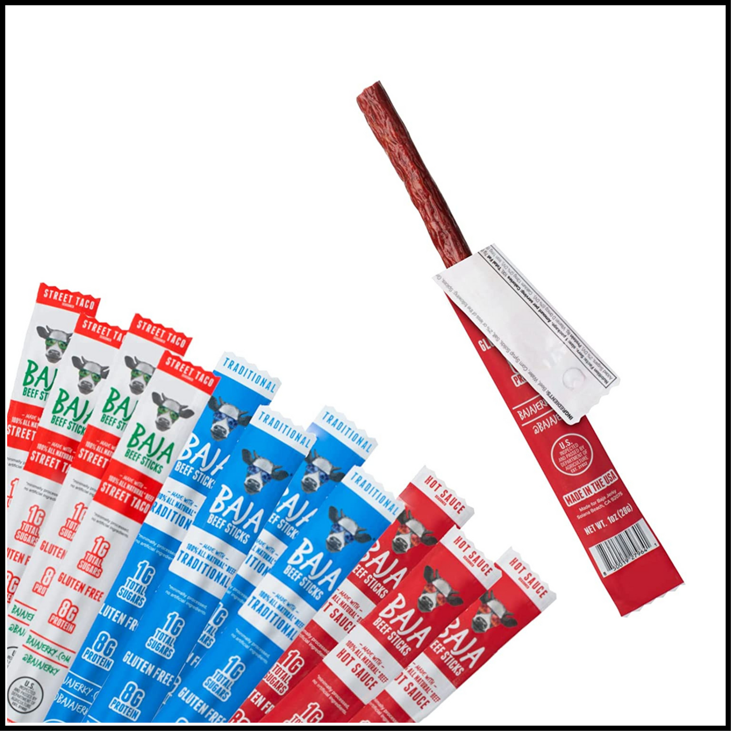 Baja Jerky All Natural Beef Sticks Traditional, Street Taco, & Hot Sauce | Pack of 12